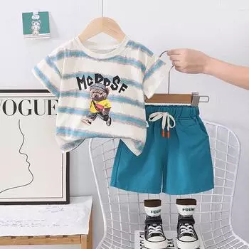 Комплект для мальчиков Детский полосатый топ с короткими рукавами Футболка с круглым вырезом и рисунком из мультфильма Повседневные шорты Комплект из двух предметов Удобная одежда Для мальчиков Малыши S синий