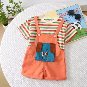 Комплект для мальчиков, детский полосатый топ с короткими рукавами и круглым вырезом, комбинезон с изображением мультяшной собаки, комплект из двух предметов, милая одежда для малышей-мальчиков S оранжевый