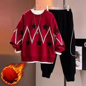 Комплект для мальчиков, осенне-зимний детский бархатный комплект из двух предметов, свитер и штаны для больших детей, зимняя мода 170