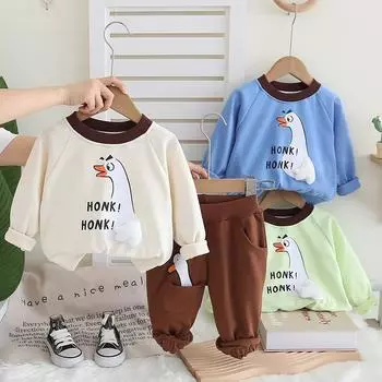 Комплект для мальчиков, осенний новый стиль, комплект из двух предметов детской спортивной одежды с длинными рукавами для маленьких мальчиков, милый утенок, одежда S бежевый