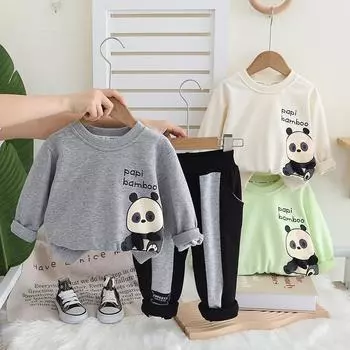 Комплект для мальчиков, осенний новый стиль, комплект из двух предметов детской спортивной одежды с длинными рукавами, одежда для маленьких мальчиков с милой пандой S серый