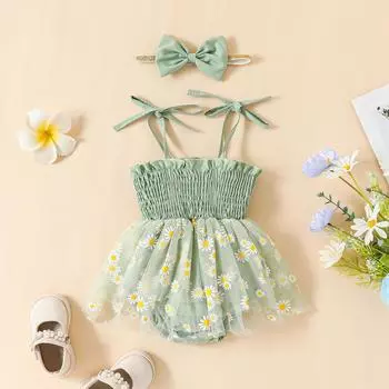 Комплект для новорожденных девочек, платье-трапеция на тонких бретельках, плиссированное, с цветочным принтом, из тюля в стиле пэчворк, с повязкой на голову с бантом 0-3 Months розовый