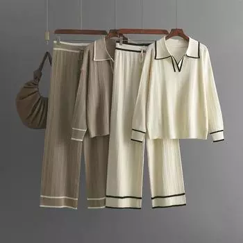 Комплект для отдыха для женщин Комплект из 2 свитеров Повседневная одежда Осень-Зима Спортивный костюм Женский трикотажный свитер-поло Топы и широкие брюки Спортивный костюм one size fits all чёрный