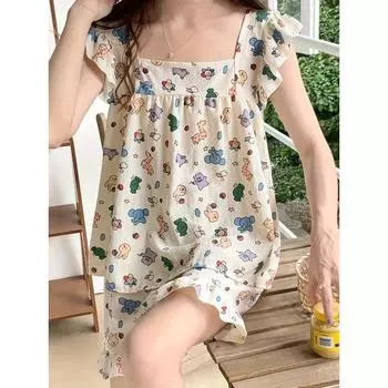 Комплект для отдыха с рисунком из мультфильмов, летний женский комплект, симпатичные шорты с оборками на рукавах и квадратным вырезом, кавайная женская одежда для отдыха на лето L