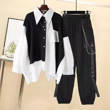 Комплект для отдыха, свободный дизайн, рубашка с длинными рукавами + красивая рабочая одежда, комплект из двух предметов XXL/4 чёрный