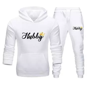 Комплект для пары с длинными рукавами, одежда для влюбленных с принтом «Hubby Wifey», флисовый костюм, толстовка и брюки, комплект из 2 предметов, спортивный костюм с капюшоном S
