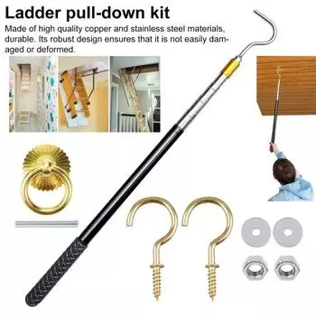Комплект для подъема лестницы. 64-дюймовая телескопическая система подъема лестницы на чердак. Комплект крюков для подъема лестницы из нержавеющей стали для тросов. 1 Set
