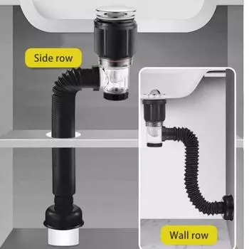 Комплект для слива раковины в ванной комнате Yousheng с гибким расширяемым P-образным сифоном, герметичный, предотвращает появление запахов, простая установка, гибкий комплект для слива раковины A чёрный