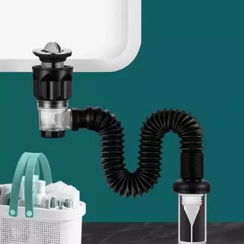 Комплект для слива раковины в ванной с гибким расширяемым P-образным сифоном, герметичный, предотвращает появление запахов, простая установка A серый