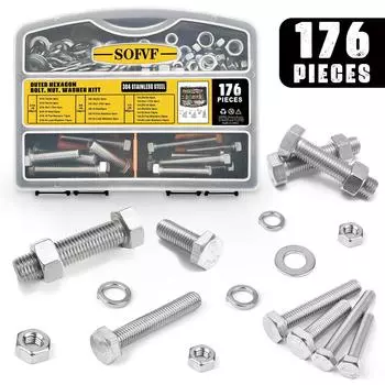 Комплект для сортировки 176 дюймовых сверхпрочных болтов и гаек, винты с шестигранной головкой из нержавеющей стали 304, подходят для механического ремонта