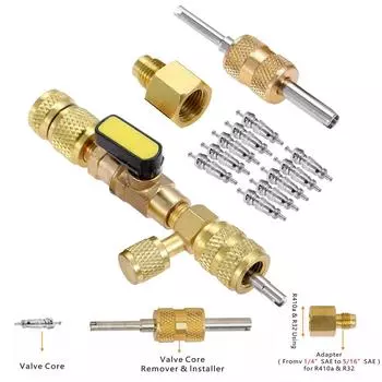 Комплект для установки съемника сердечника клапана с двойным размером порта 1/4 и 5/16 , инструмент для клапана Шредера для хладагента R22 R410a R134A R12 R32