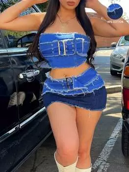 Комплект для вечеринки Rose Beauty A Rave Y2K Street Vintage Color Block с необработанной отделкой, металлическим поясом, открытой спиной, обтягивающей грудью, укороченным топом и облегающей мини-юбкой из денима M синий
