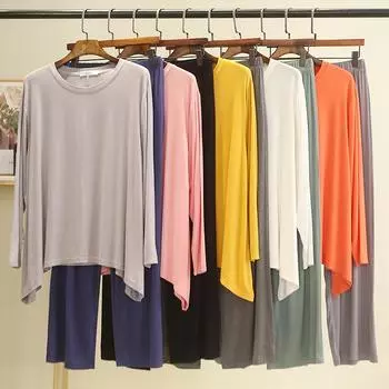 Комплект домашней одежды из 2 предметов из модала с контрастными цветами, футболки с длинными рукавами и широкие брюки для женщин, свободные пижамные комплекты для улицы, удобная одежда L