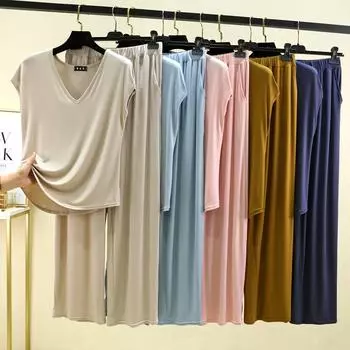 Комплект домашней одежды из модала, футболка с V-образным вырезом без рукавов и брюки, летние женские свободные пижамы, однотонные повседневные пижамные комплекты M