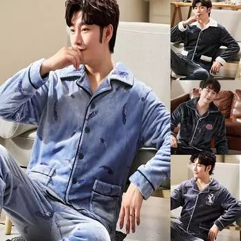 Комплект домашней одежды с длинным рукавом, зимний комплект домашней одежды, мужской зимний пижамный комплект с отворотом, полосатым топом и брюками на эластичной талии для мужчин L синий