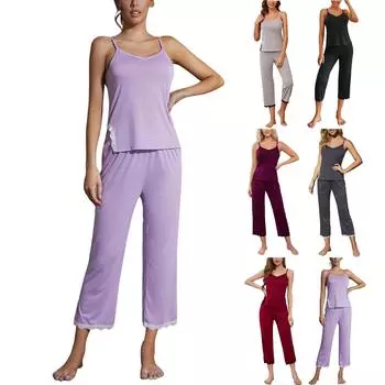 Комплект домашней одежды, женские весенние и летние камзолы, брюки, пижамы L чёрный