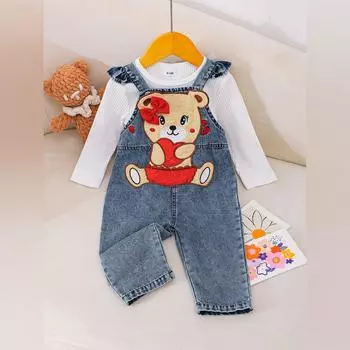Комплект джинсового комбинезона для девочек с милыми кукольными принтами, повседневный детский наряд 12