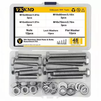 Комплект гаек и болтов из нержавеющей стали VKKM 304, включая размеры M1050 - 70 мм, всего 48 предметов.