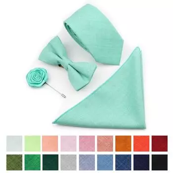 Комплект галстуков из 4 предметов, мужской, шалфейный зеленый, хлопковый галстук-бабочка, брошь-запонка, для костюма жениха, свадьба,