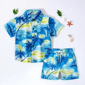 Комплект гавайской одежды для малышей, рубашка с изображением пальмовых листьев на закате, шорты, детский костюм в стиле кокоса, дышащая повседневная летняя одежда для повседневной носки 160cm синий