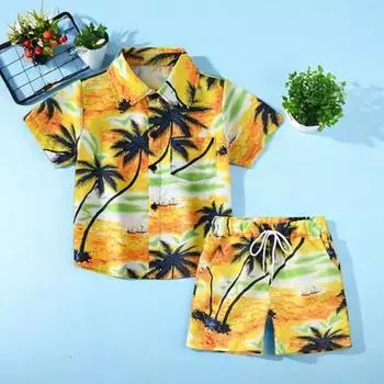 Комплект гавайской одежды для малышей, рубашка с изображением пальмовых листьев на закате, шорты, детский костюм в стиле кокоса, дышащая повседневная летняя одежда для повседневной носки 160cm синий