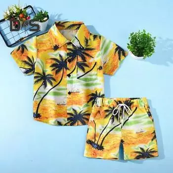 Комплект гавайской одежды для малышей, рубашка с изображением пальмовых листьев на закате, шорты, детский костюм в стиле кокоса, дышащая повседневная летняя одежда для повседневной носки 160cm жёлтый
