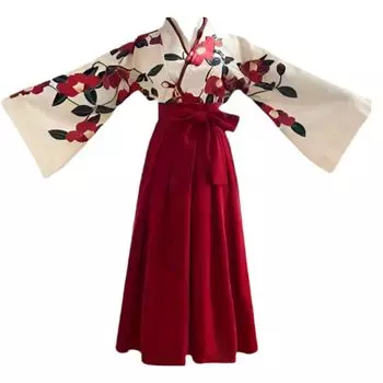 Комплект хакама для Тайсё Римское плиссированное цветочное кимоно Косплей Сёва Японский выпускной школьный культурный фестиваль Женщины, Стиль, Юбка, Узор, Платье, красный