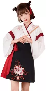 Комплект хакама Taisho Roman, короткая юката-кимоно для косплея ханфу с лисой-оби-некомата выше колена [Lady Lazy] (Белый, М) белый