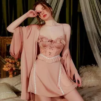 Комплект халата, сексуальное атласное лоскутное кружевное платье с накладкой на грудь, однотонная пижама с подвязками из тюля, домашняя одежда M