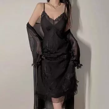 Комплект халата, женское лоскутное кружевное платье-комбинация с бюстгальтером, облегающая сексуальная женская пижама M