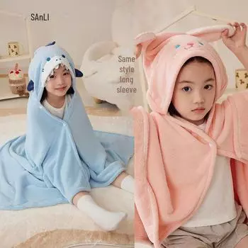 Комплект халатов с капюшоном для родителей и детей Sanli - полотенца из кораллового флиса для детей и взрослых Hooded bath towel 70*140 синий