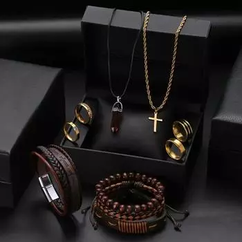Комплект из 10 мужских украшений из нержавеющей стали с подвеской-крестом в стиле ретро, в том числе ожерелье, браслет, кольцо и синтетический циркон