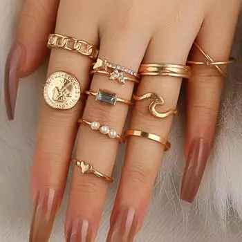 Комплект из 10 женских колец с искусственным жемчугом «бабочка» из циркония, набор из нескольких колец золотой