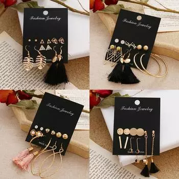 Комплект из 12 предметов, женственные серьги с кисточками, комбинированный комплект серег, 2022, модные женские серьги, жемчужная брошь, серьги в богемном стиле E810 золотой