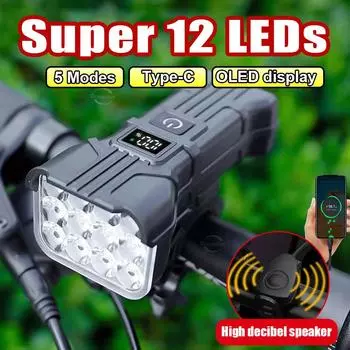 Комплект из 12 светодиодных фар высокой яркости для велосипеда из АБС-материала с цифровым дисплеем батареи, USB-зарядный аксессуар для велосипеда 12 LEDs