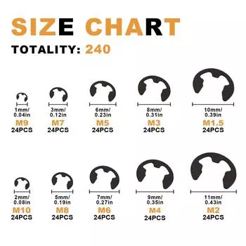 Комплект из 240 внешних стопорных колец E-Clip, 10 шт. Комплект внешних стопорных колец из марганцевой стали 0,06–0,39 дюйма