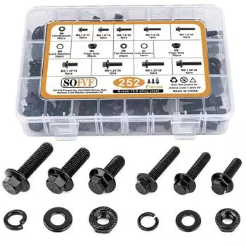 Комплект из 252 шт. фланцевых болтов с шестигранной гайкой и шайбой, 10.9-градусная легированная сталь с черным цинковым покрытием M6, M8 метрический комплект для сортировки фланцевых болтов