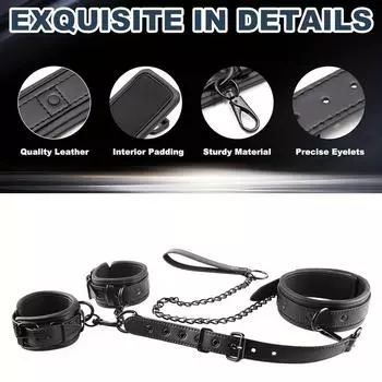 Комплект из 2 эротических новых наручников на шею, наручники на тыльную сторону, кожаные неопреновые, мягкие и прочные, с металлической тяговой цепью, с шелковой повязкой на глаза, все чёрные Cuffs+Blindfold(Black