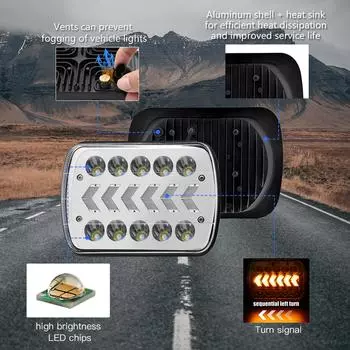 Комплект из 2 автомобильных светодиодных фар, 7-дюймовые фары с белым дальним/ближним светом, янтарной стрелкой, динамическими последовательными 5 inch чёрный