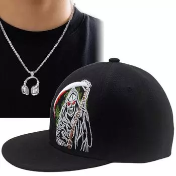 Комплект из 2 бейсболок, ожерелий, модная хип-хоп шляпа с плоскими полями, спортивная кепка для активного отдыха, кепка в стиле хип-хоп, ожерелье с подвеской Senior Sense для отдыха, мужская и женская шляпа чёрный