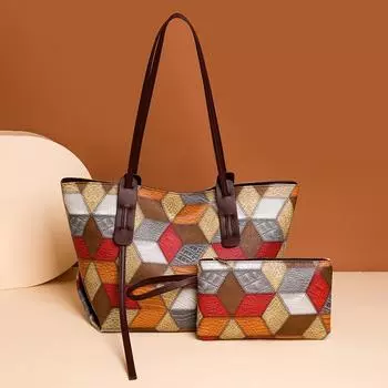 Комплект из 2 больших сумок с геометрическим узором, модная сумка через плечо, женская большая сумка с клатчем для монет красный