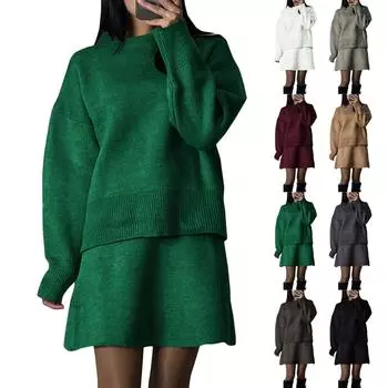 Комплект из 2 частей юбки для женщин вязаный свитер топ и юбка длинный рукав повседневные наряды зима S кофейный