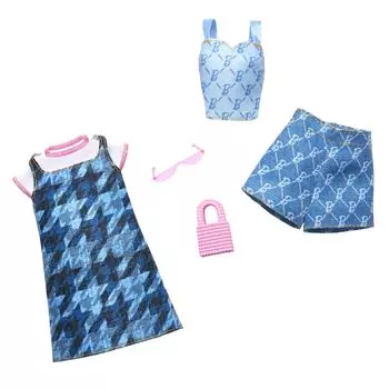 Комплект из 2 джинсовых платьев и комплекта одежды для кукол Barbie Fashion, аксессуары для детей от 3 лет, синий, HRH45, кукла/домик и