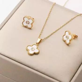 Комплект из 2-х модных серег и ожерелий из нержавеющей стали с клевером и точками, лучший подарок для семьи и друзей 18K белый