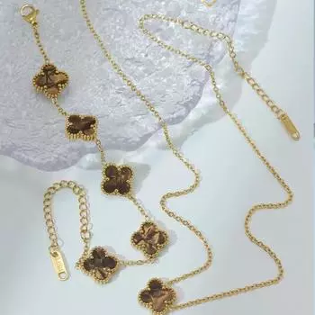 Комплект из 2-х предметов: ожерелье-браслет из титановой стали с покрытием из 18-каратного золота, не выцветает necklace+bracelet коричневый