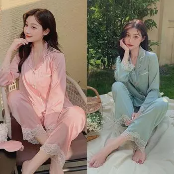Комплект из 2-х предметов пижамы для беременных, пижама в королевском стиле из ледяного шелка, повседневная простая однотонная кружевная женская домашняя одежда на весну и лето M розовый