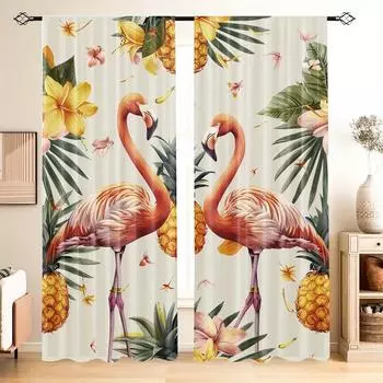 Комплект из 2-х предметов с принтом фламинго и цветов, дизайн кармана на штанге, полиэстер для гостиной, спальни, кухни, жалюзи на пол, окно (W50H130cm)-2pcs&Rod Pocket