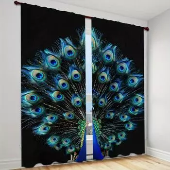 Комплект из 2-х предметов штор с узором «павлин», дизайн кармана на штанге для легкого подвешивания, идеально подходит для спальни, гостиной, декора, можно стирать в стиральной машине Milled cotton fabric&Grommet Top