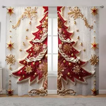 Комплект из 2-х предметов штор с изображением красной рождественской елки, золотого колокольчика и снежинок, классический, для спальни и разных комнат, можно стирать вручную (W50cmxH130cm)x2&Rod Pocket