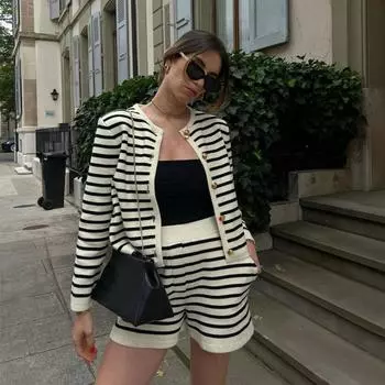 Комплект из 2-х предметов в полоску, шорты, женская мода, кардиган с принтом зебры и шорты в стиле пэчворк с высокой талией, комплекты из трикотажных изделий S белый